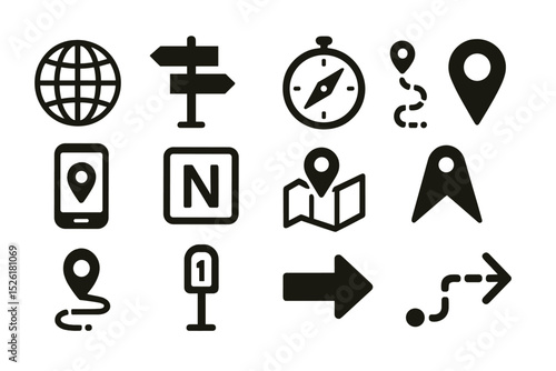 Navigation icons: compass, map, gps, globe, directions on yellow