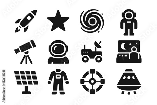 Space exploration icons: rockets, astronauts, telescopes, and solar panels