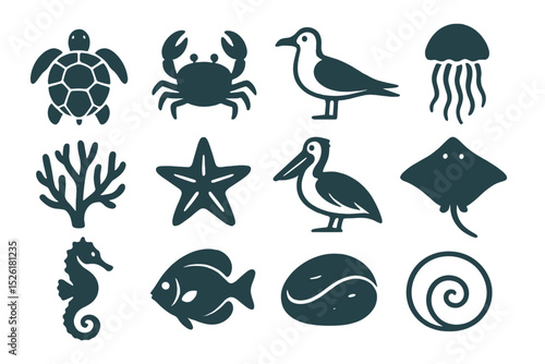 Dark silhouettes of marine life on yellow background