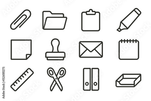 Minimalist office supply icons: paperclip, folder, clipboard, highlighter, envelope, scissors