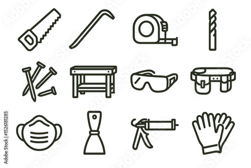 Outline icons of essential carpentry and construction tools