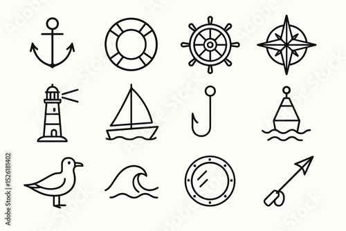 Nautical icons collection: anchor, lifebuoy, compass, lighthouse, sailboat, seagull, wave, porthole
