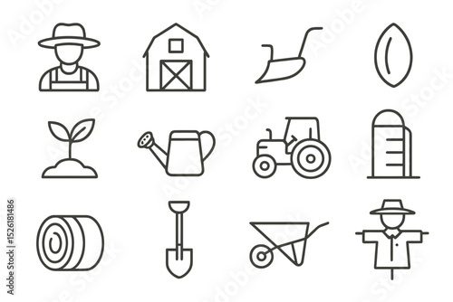 Agriculture icon set featuring barn, tractor, and farming tools