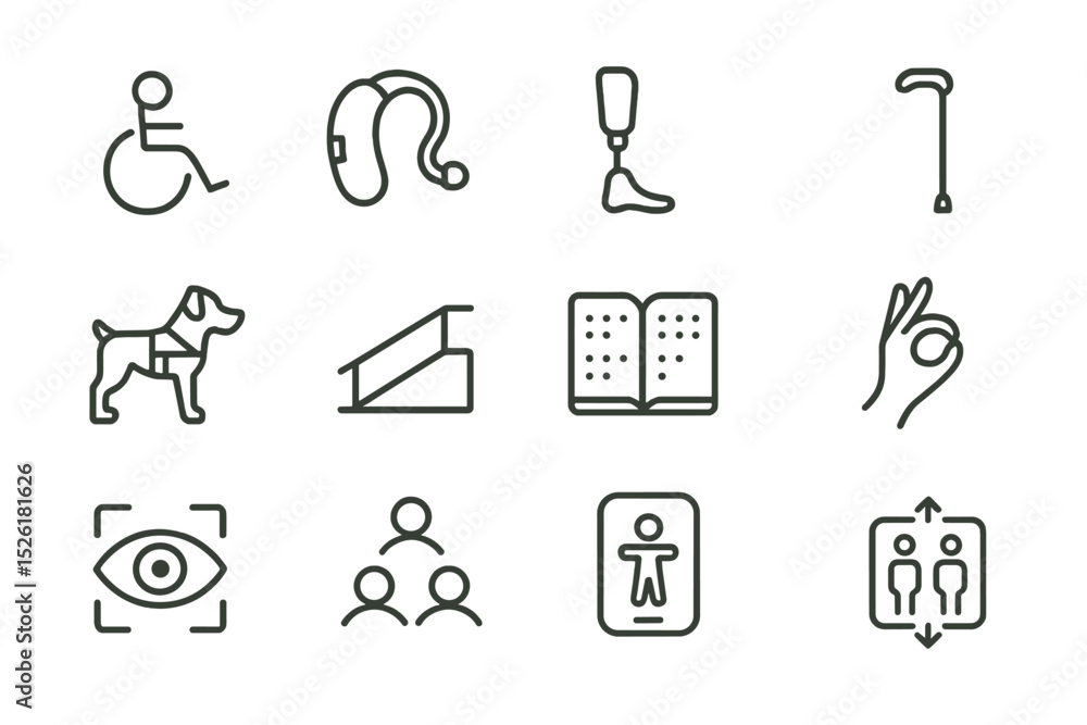 Accessibility icons set: wheelchair, hearing aid, prosthetic, guide dog, braille, sign language, visual aid Accessibility icons set: wheelchair, hearing aid, prosthetic, guide dog, braille, sign language, visual aid