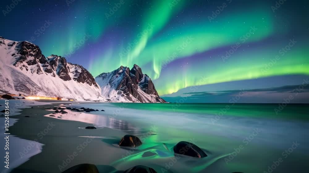 Majestic Aurora Borealis Display Over a Snow-Capped Mountain and a Tranquil Beach at Night