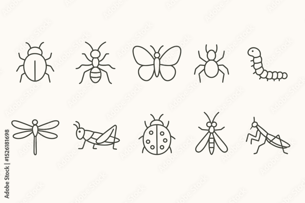 Fototapeta premium Minimalist line icon set of various insects with simple outline art