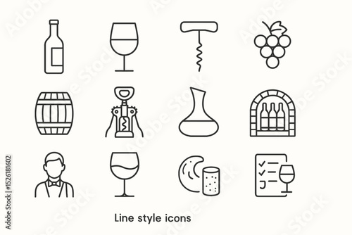 Wine icons set: bottle, corkscrew, glass, barrel, sommelier, decanter, grapes, cellar, cork