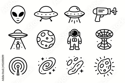 Space icon set: ufos, astronaut, alien head, ray gun, planets, meteor, black hole, galaxy