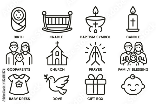 Symbols of baptism: cradle, candle, church, prayer, and family blessing icon set