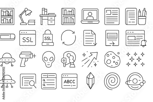 Monochrome technology and science icons on metallic background