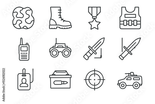 Military equipment icons set featuring weapons, vehicles, and gear