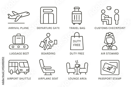Airport icons: travel, plane, baggage, checkpoint, boarding, departure, lounge