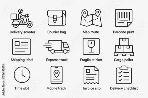 Delivery icons set featuring scooter, courier bag, map route, barcode, and more