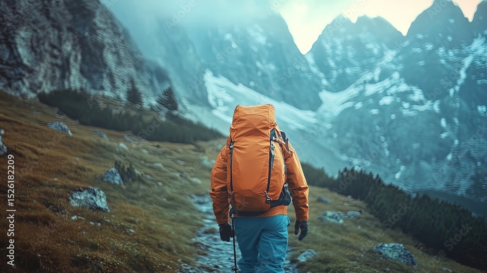 Naklejka premium majestic mountain range at sunrise: a breathtaking landscape with vibrant colors reflecting on snow-capped peaks - perfect as a poster for adventurous sports interiors