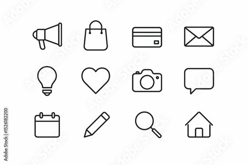 Set of line icons: megaphone, shopping, camera, heart, email, card, calendar, pencil, search, home