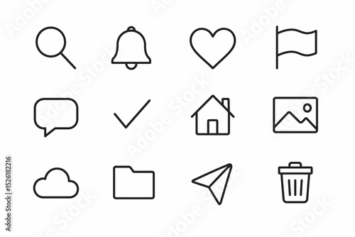 Outline icon set: magnifying glass, bell, heart, flag, message, check, home, image, cloud, folder, paper plane, trash