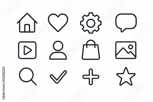 Set of minimalist line icons: home, heart, gear, chat, play, user, bag, image, search, check, plus, star