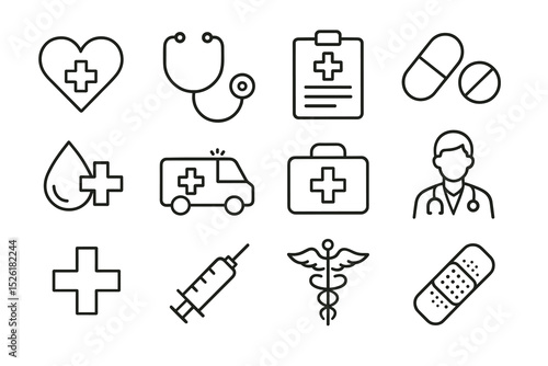 Medical icons set including stethoscope, ambulance, and medical cross
