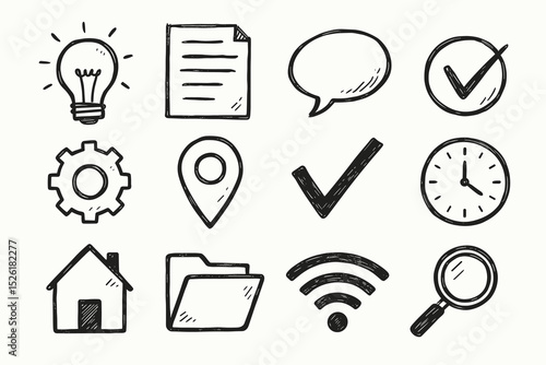 Hand-drawn icon set: lightbulb, document, speech bubble, check, gear, location, clock