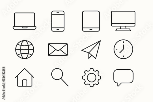 Minimalist icon set: laptop, phone, tablet, globe, gear, clock, more