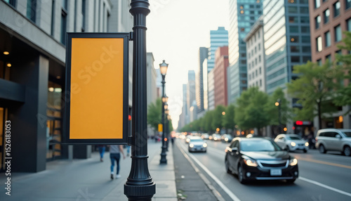 Wallpaper Mural Vertical banner mockup. Blank vertical ad sign in business district with traffic and buildings Torontodigital.ca