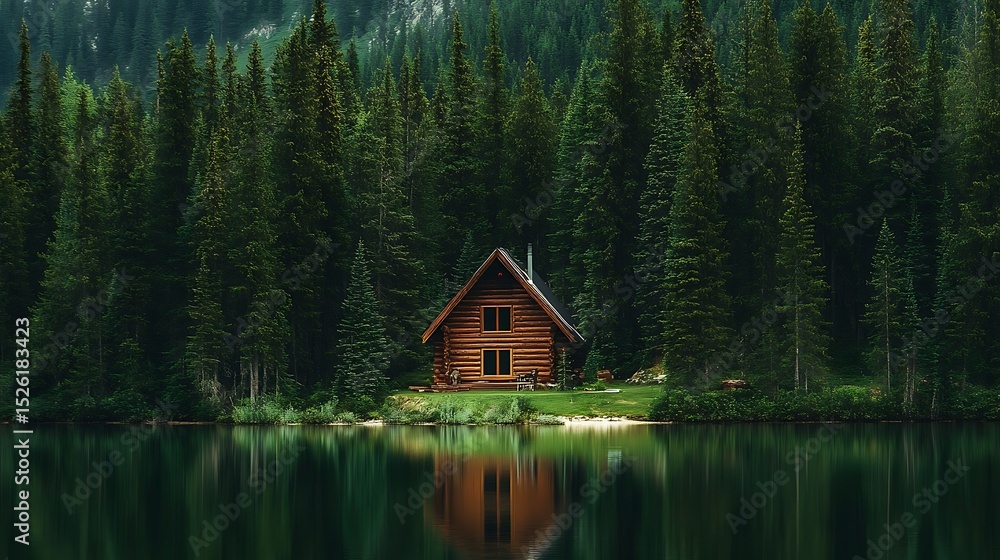 Fototapeta premium A serene lakeside cabin surrounded by tall pine trees and calm, reflective waters