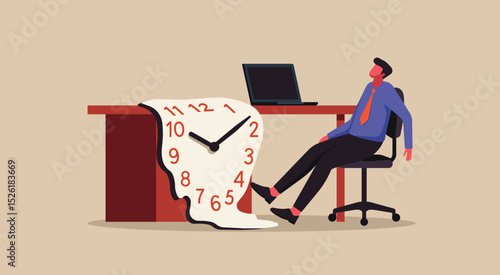 Office worker exhausted at desk with clock melting away, concept of time pressure, overtime, and stress, and burnout and in modern work life, flat vector illustration