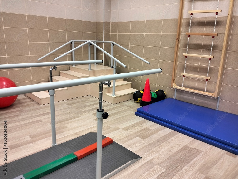 Naklejka premium Interior of a physiotherapy hall with a wooden ladder and a ball