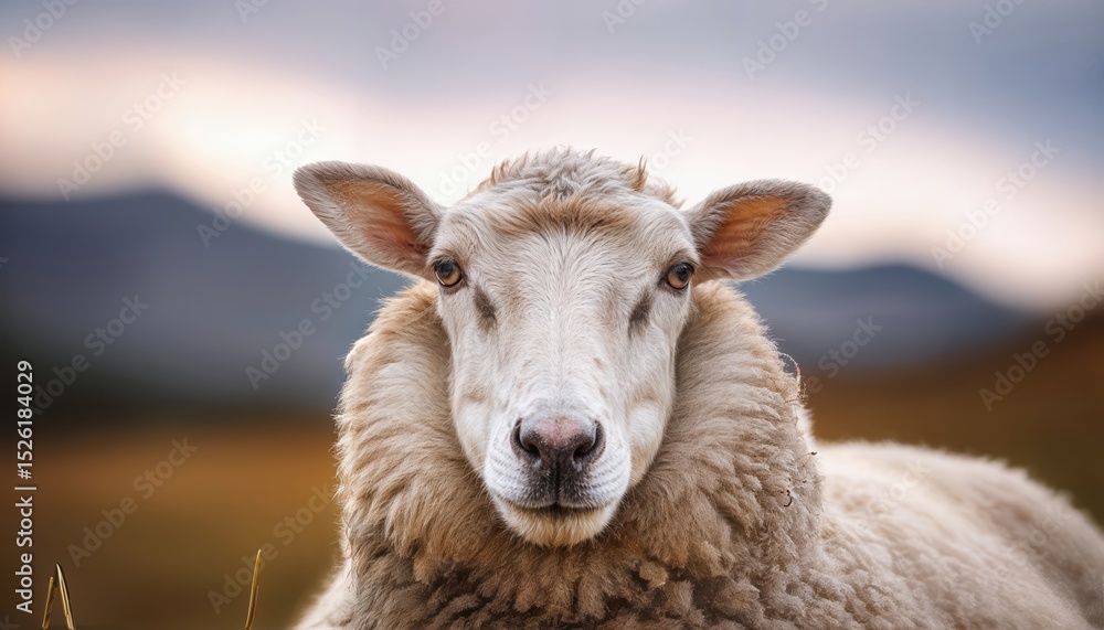 Naklejka premium Fluffy White Sheep Gaze Soft and Gentle Portrait of a Fluffball Amidst Serene Countryside, Evoking Tranquility and Peacefulness