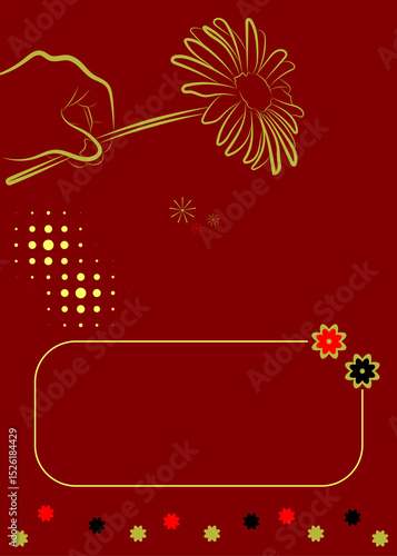 Elegant Floral Greeting Card or Invitation Template with Hand Holding Flower on Red Background