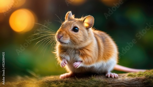 Adorable Pet Gerbil Basking in a Cozy Habitat, Bright Eyes Sparkling with Playful Curiosity against a Background of Soft Textures and Muted Colors.