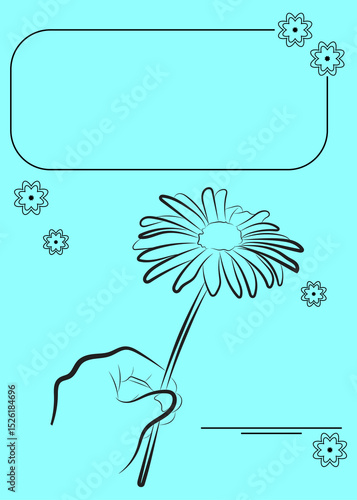 Hand Holding Flower Greeting Card Template on Light Blue Background with Decorative Floral Frame