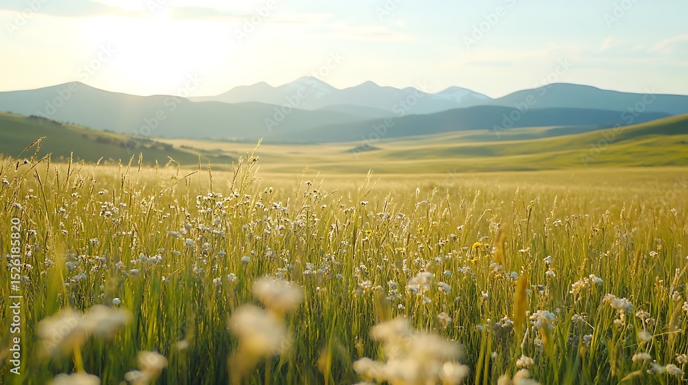 Fototapeta premium A serene meadow with tall grass and wildflowers, framed by distant mountains