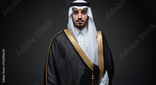 Portrait of a distinguished Saudi Arabian man in traditional attire.