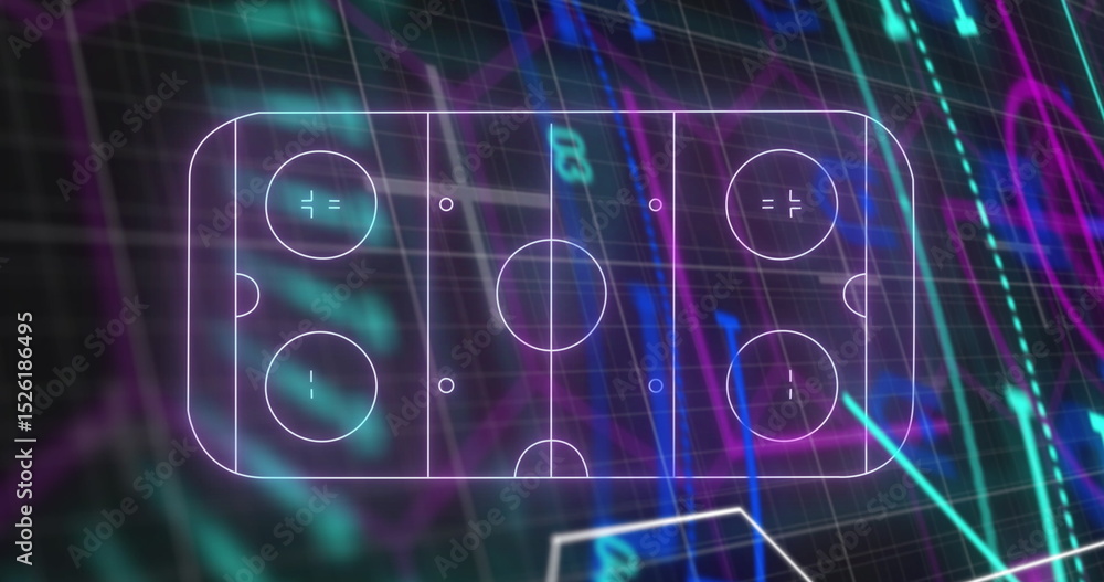 Fototapeta premium Showing neon air hockey rink glowing over dark grid dashboard, with neon graphs and data labels
