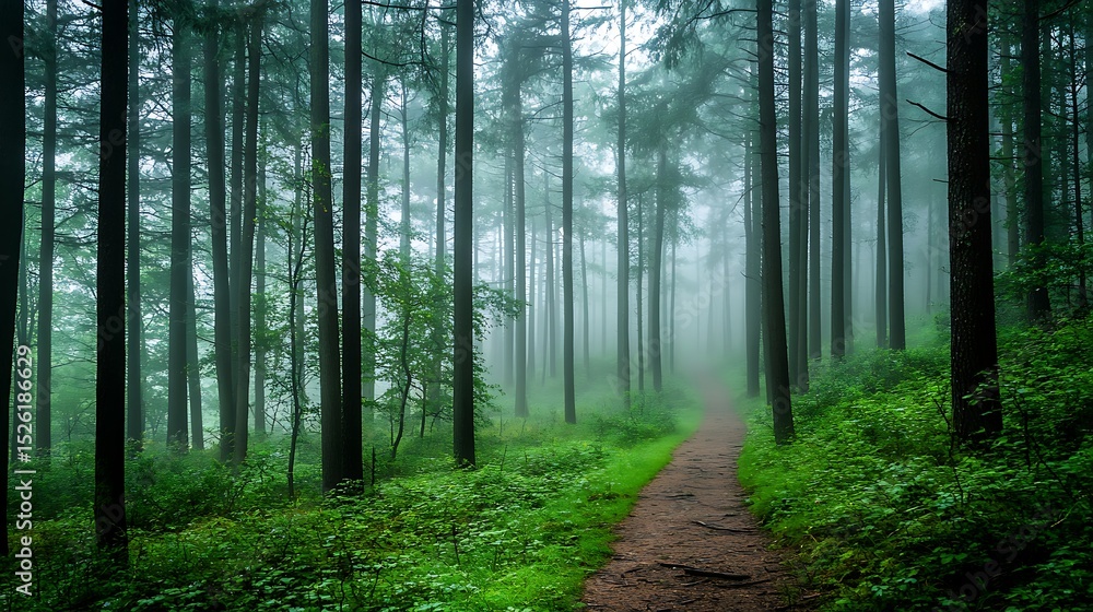 Obraz premium A serene morning in a foggy forest, with tall trees disappearing into the mist, a narrow trail leading deeper into the woods, and the sound of birdsong