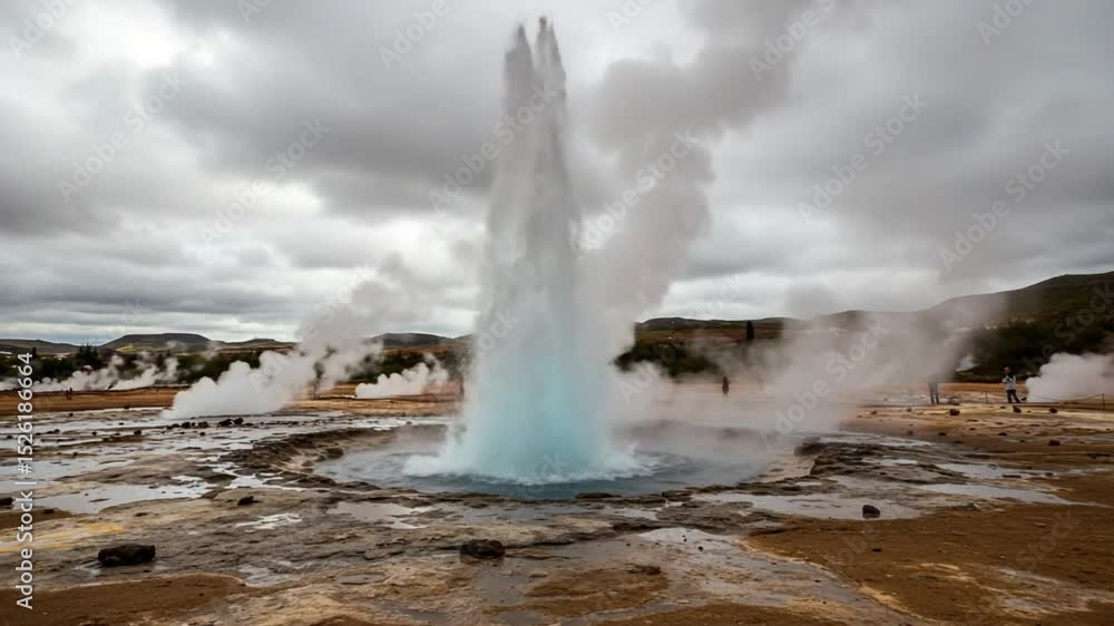 Geyser Erupting Amidst Steam and Dramatic Sky in Iceland Geyser Erupting Amidst Steam and Dramatic Sky in Iceland