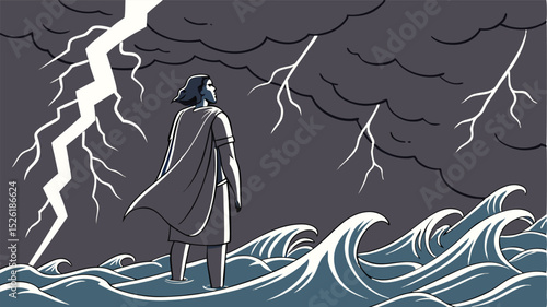 Brave figure standing in ocean confronting storm lightning stylized illustration with vector design elements