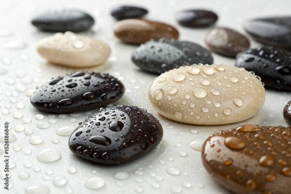 Close Up of Wet Dark and Light Pebbles on white background Close Up of Wet Dark and Light Pebbles on white background