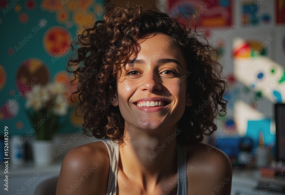 Smiling digital artist in a minimalist studio, showcasing creativity and joy Smiling digital artist in a minimalist studio, showcasing creativity and joy