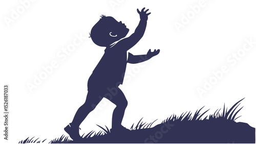 Silhouette of a child reaching upward on grassy hillside ready to embrace something