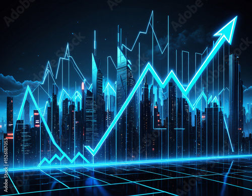 Market chart flowing through a city at night