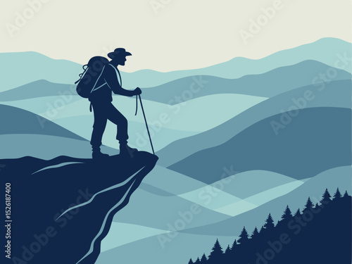 Silhouette of hiker on mountain peak overlooking serene landscape with layered blue hues