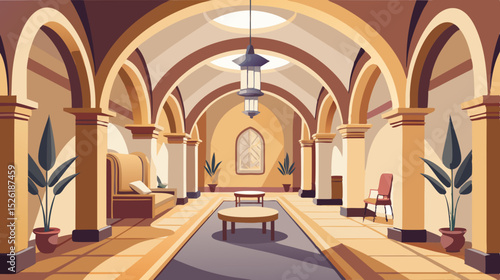 interior of church Elegant Arched Hallway Interior Illustration with Classical Design