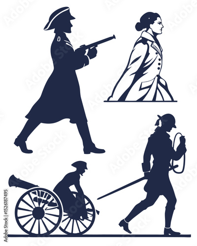 Silhouettes of historical figures depicting colonial era soldiers and civilians in vector illustration