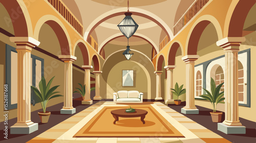 interior of church Elegant Arched Hallway Interior Illustration with Classical Design
