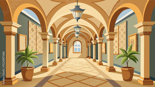 interior of church Elegant Arched Hallway Interior Illustration with Classical Design