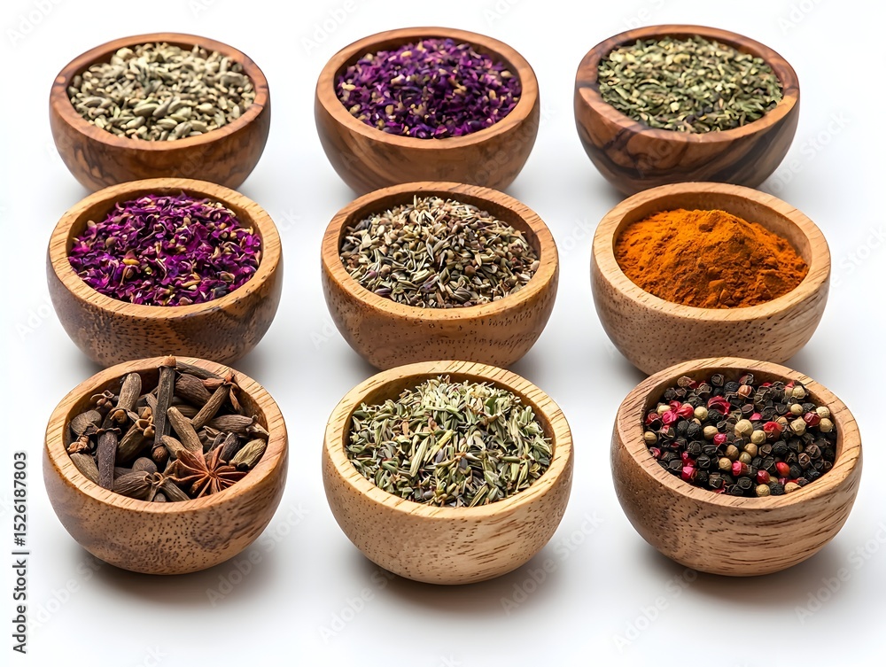 Photo of assorted spices in wooden bowls, offering a vibrant display of culinary ingredients and flavors Photo of assorted spices in wooden bowls, offering a vibrant display of culinary ingredients and flavors