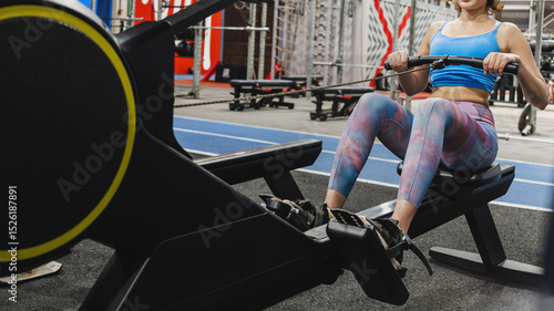 Movement: Fit and focused young woman in sportswear working out on a rowing machine