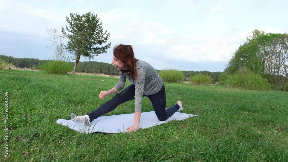 girl outdoors doing morning exercises on the grass in the forest near the lake girl outdoors doing morning exercises on the grass in the forest near the lake